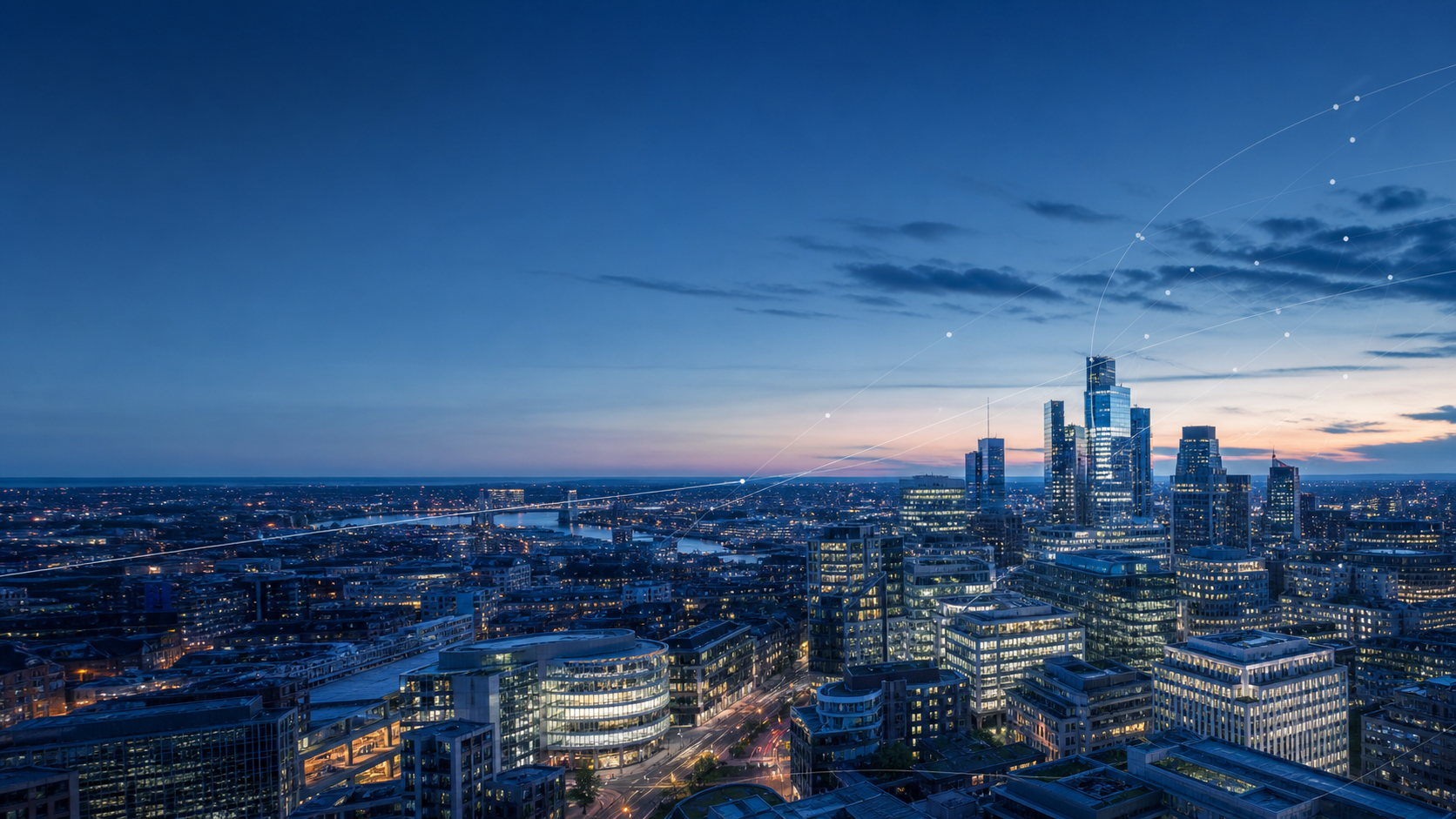 Connected city infrastructure and digital networks at blue hour